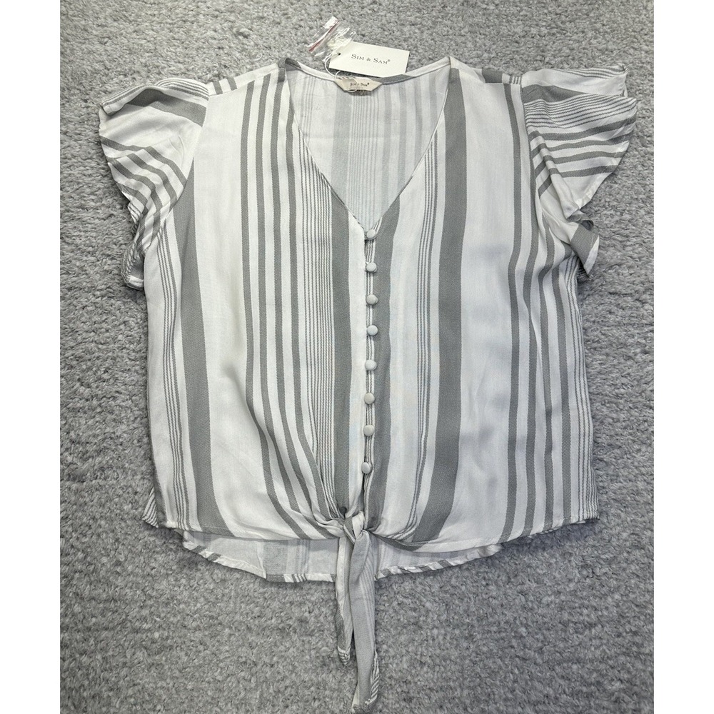 SIM & Sam New Women's Medium Gray  White Striped Button Down Blouse Front Tie